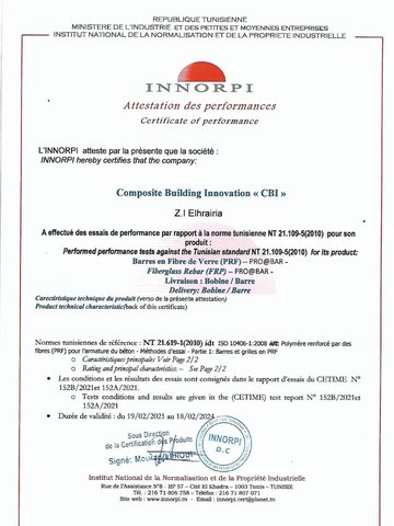 INNORPI certificate of performance for PRO@BAR fiberglass rebar